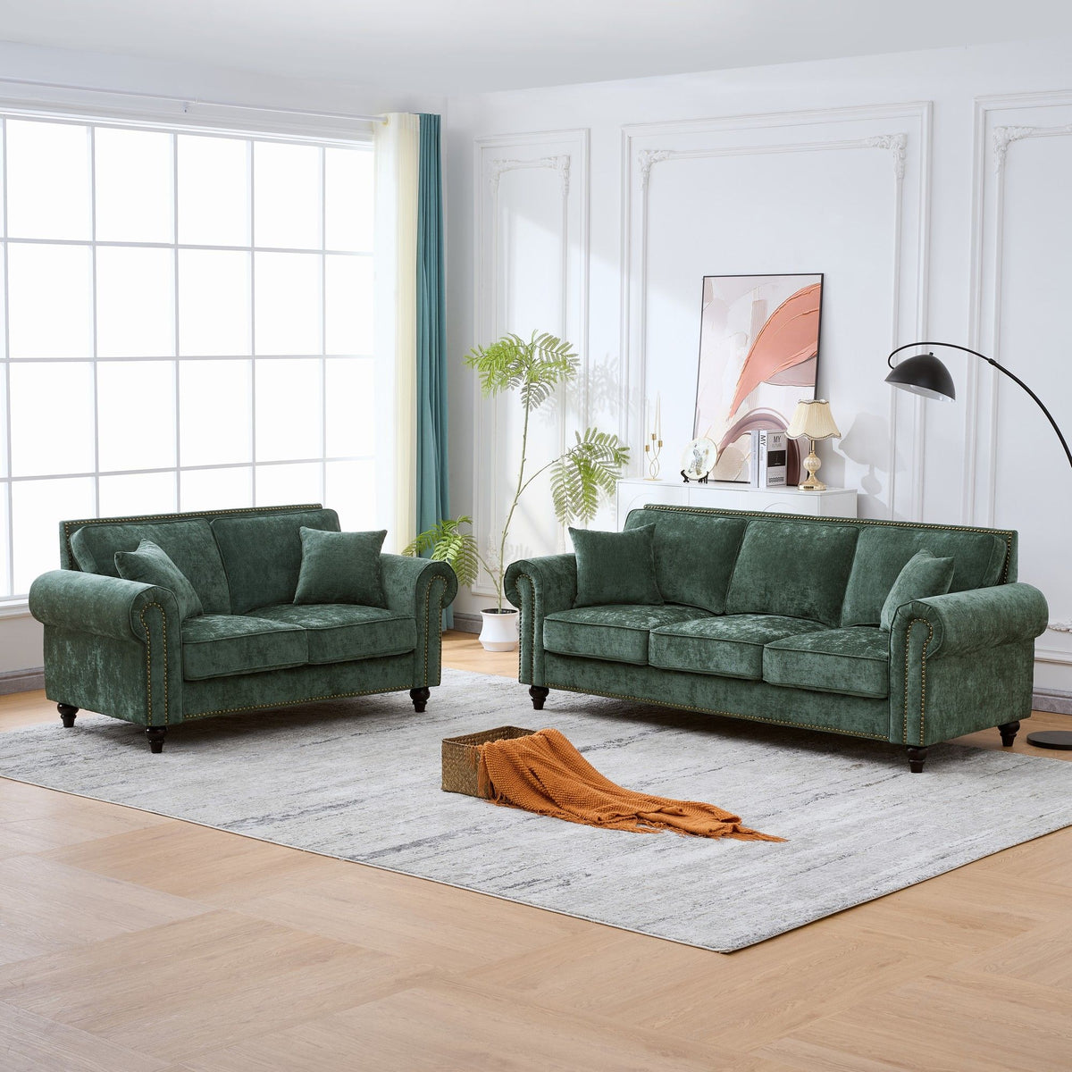 3 Seater Sofa With Tufted Upholstery, Rolled Arms, Nailhead Trim