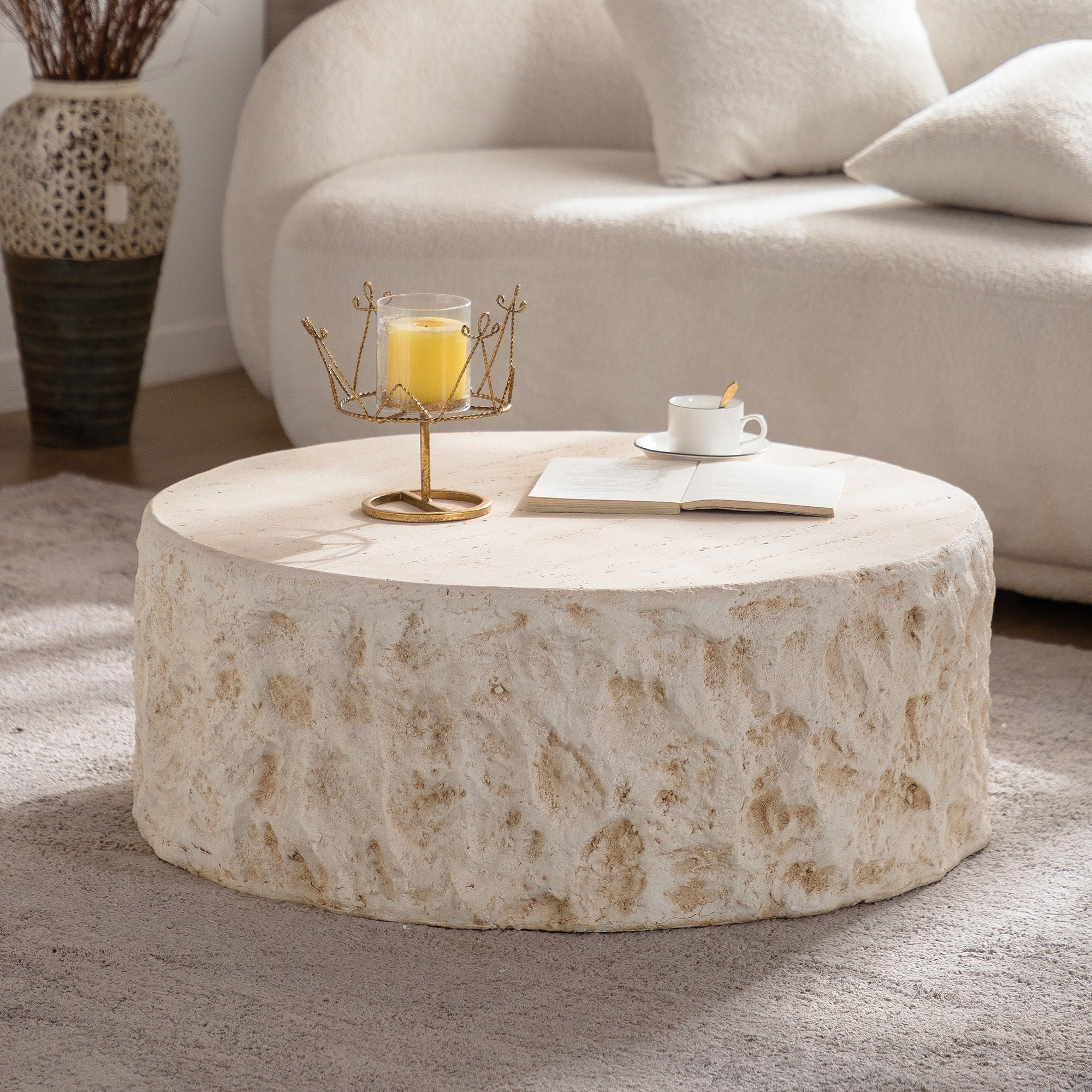 Round Coffee Table &amp; Smooth Texture For Living Room - Light Beige