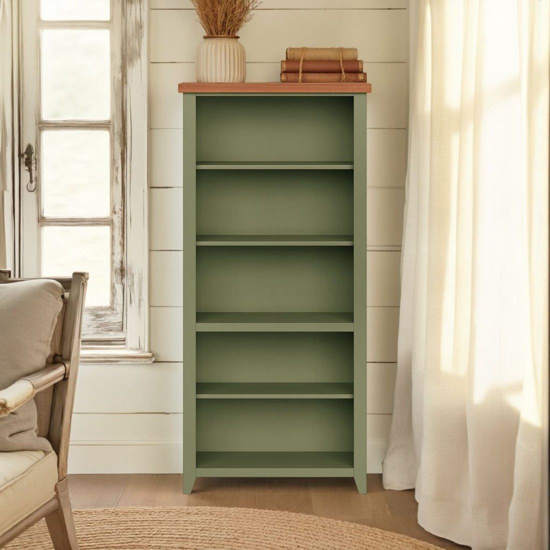 Vineyard - 72&quot; High 5 Shelf Bookcase - Sage Green And Fruitwood