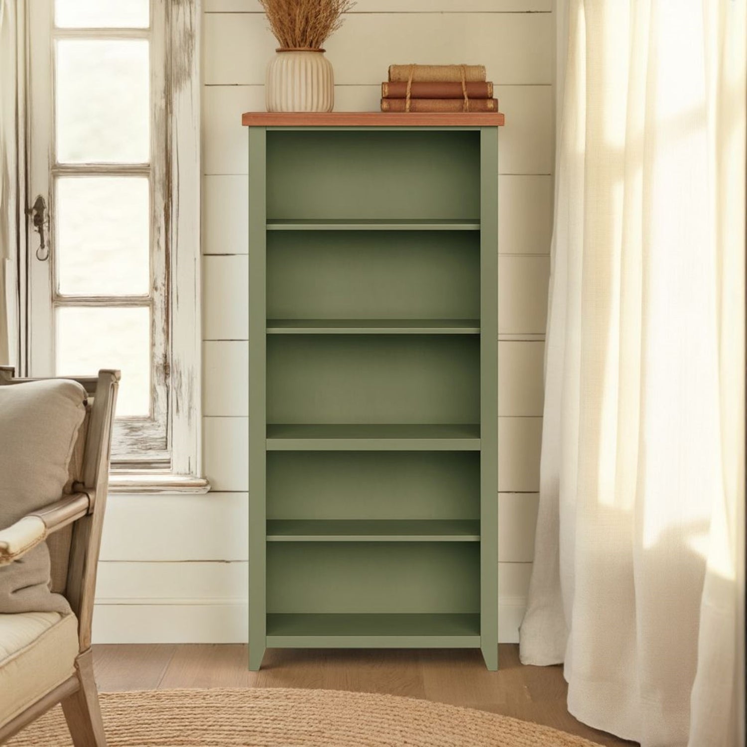 Vineyard - 72&quot; High 5 Shelf Bookcase - Sage Green And Fruitwood