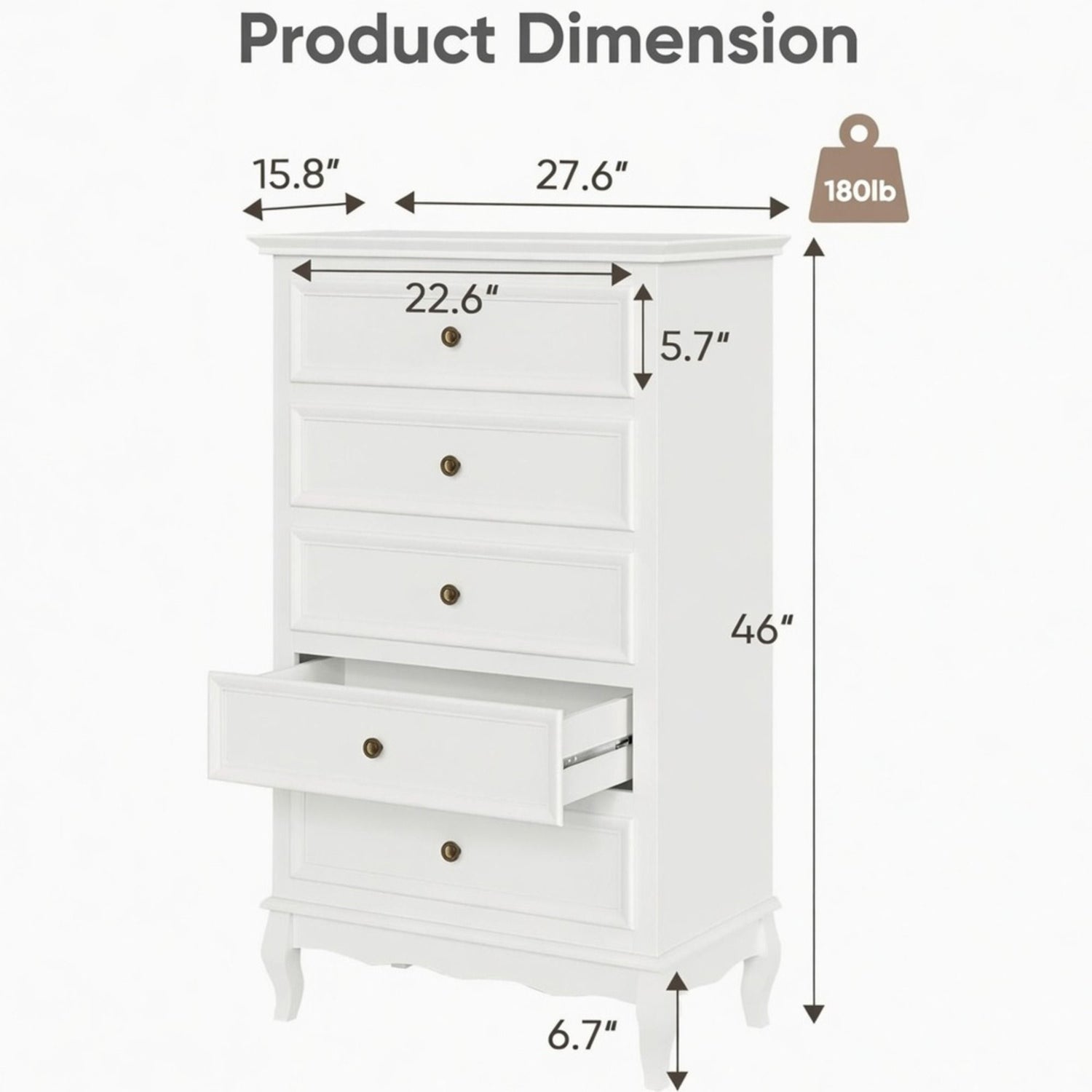5 Drawer Tall Wide Chest Of Drawers - White