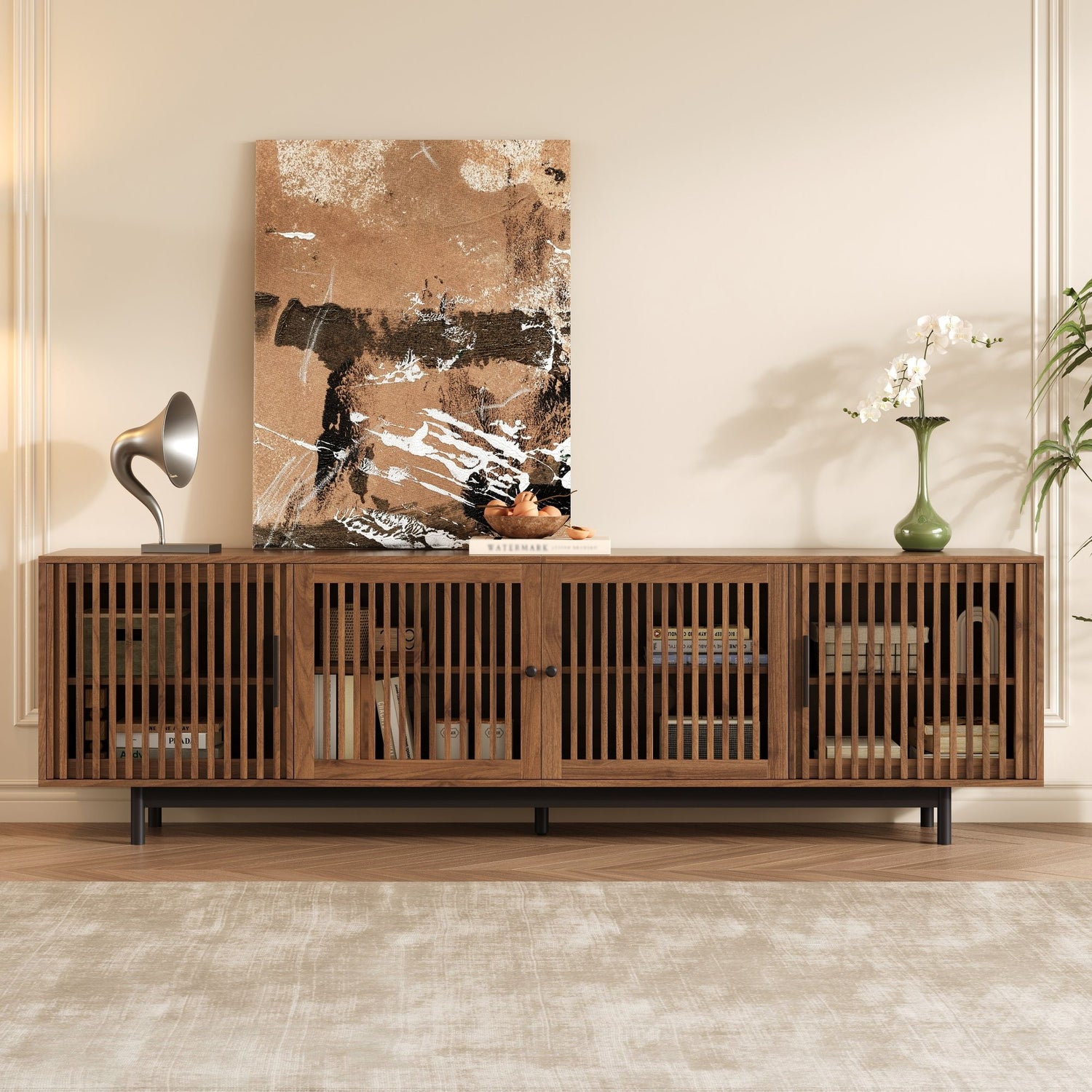 TV Stand For TVs, Entertainment Center With Closed Storage &amp; Cable Management, Soft Closing Hinges - Walnut