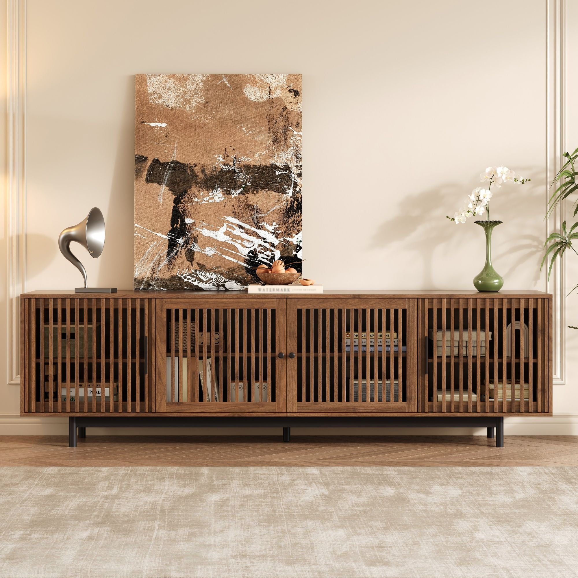 TV Stand For TVs, Entertainment Center With Closed Storage &amp; Cable Management, Soft Closing Hinges - Walnut