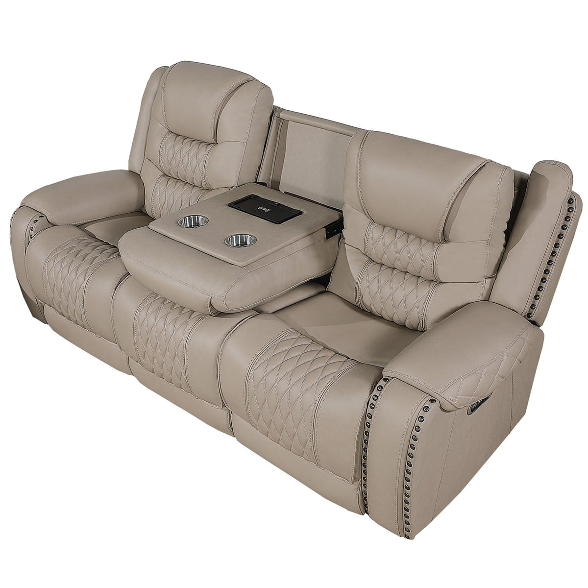 Power Reclining Sofa With USB Ports, Drop Down Table &amp; Adjustable Headrest - Toffee
