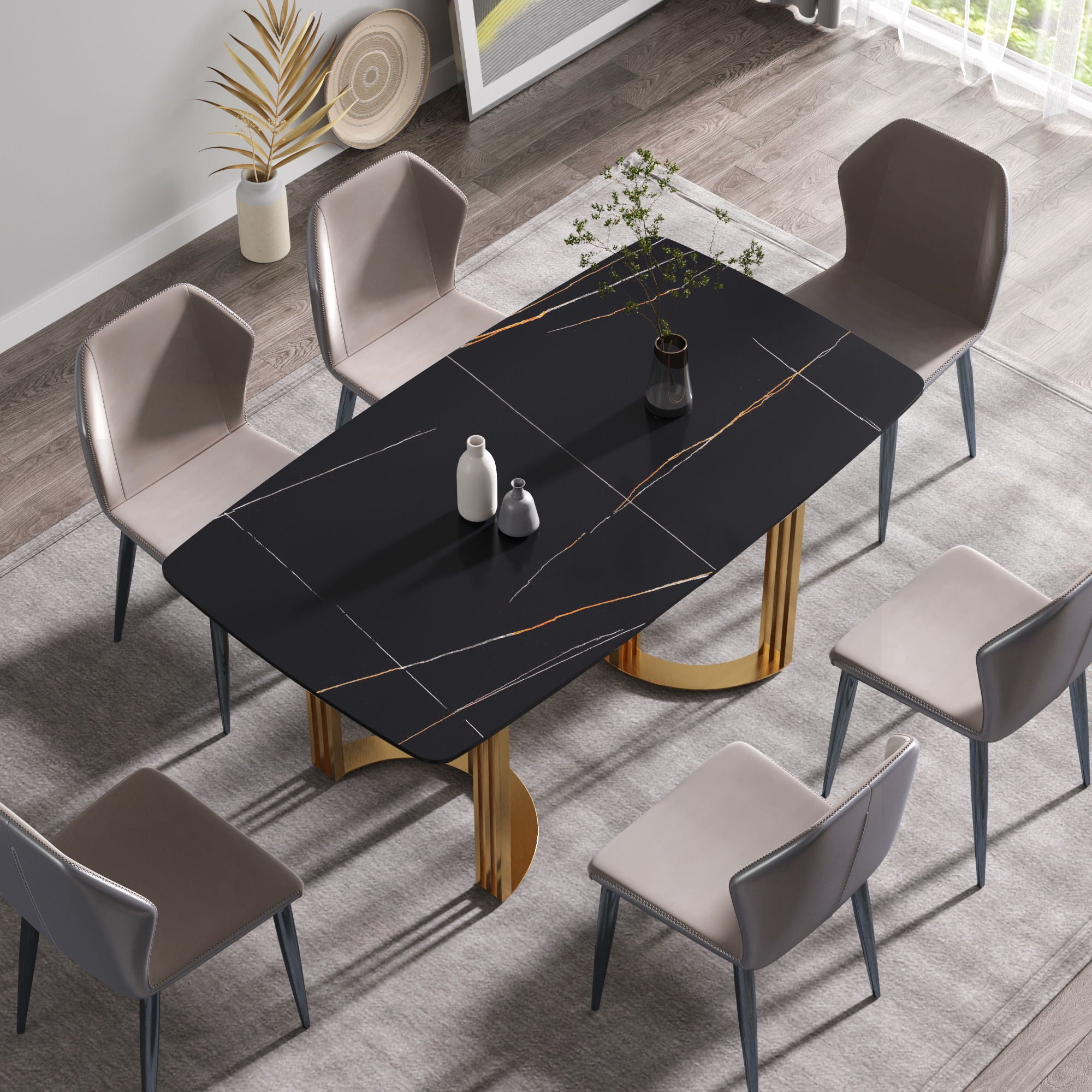 63&quot; Modern Artificial Stone Curved Golden Metal Leg Dining Table, 6 People - Black / Gold