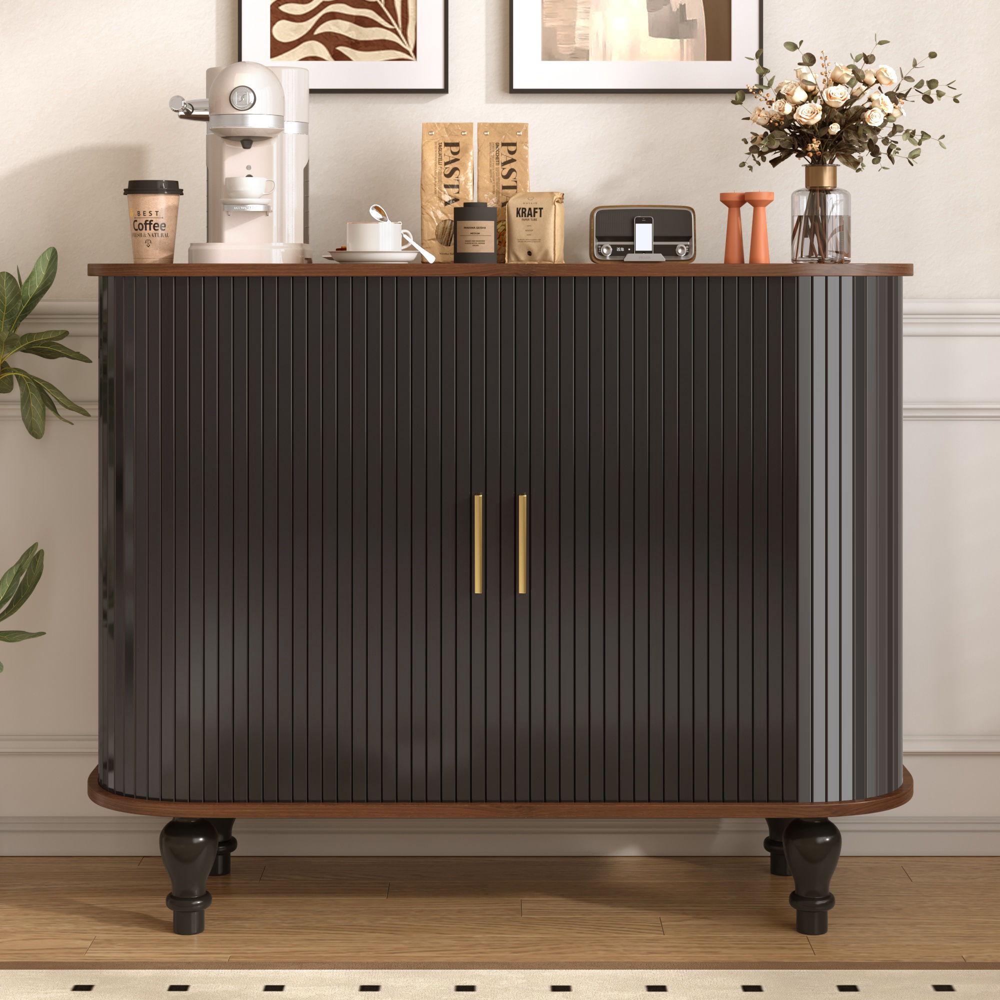 Fluted Liquor &amp; Coffee Bar Cabinet With 6 Wine Racks And 3 Glass Holders