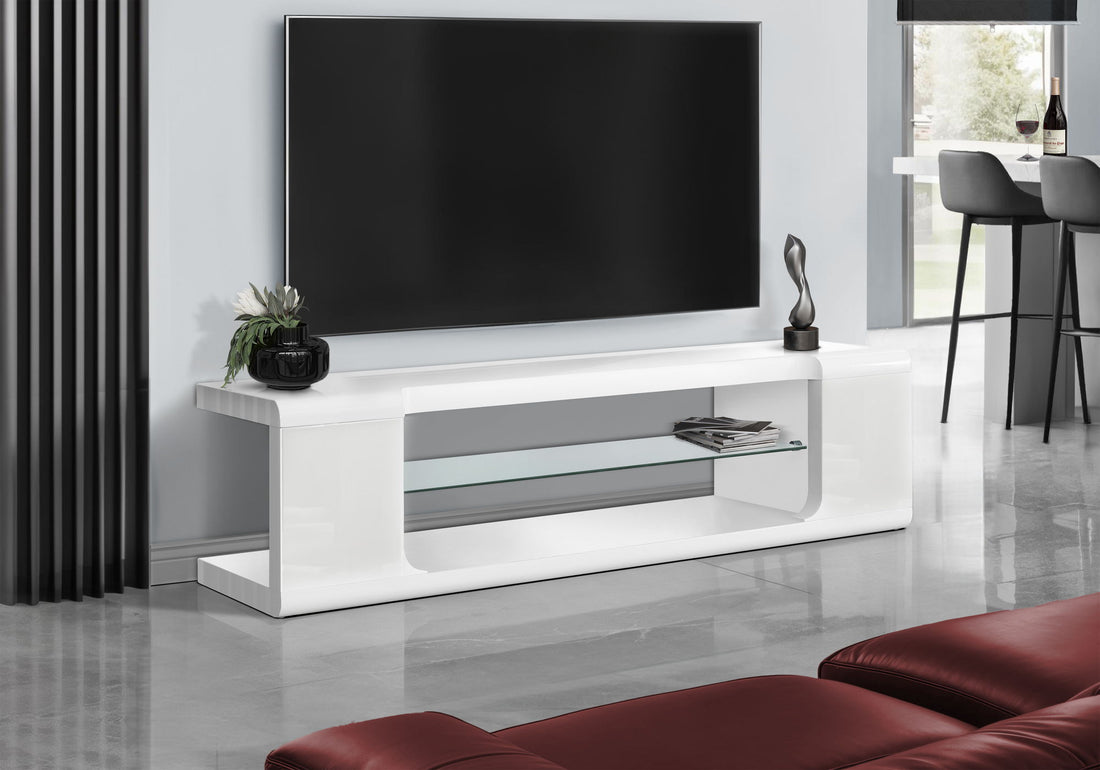TV Stand, Console, Media Entertainment Center, Storage Shelves, Glossy Contemporary &amp; Modern - White