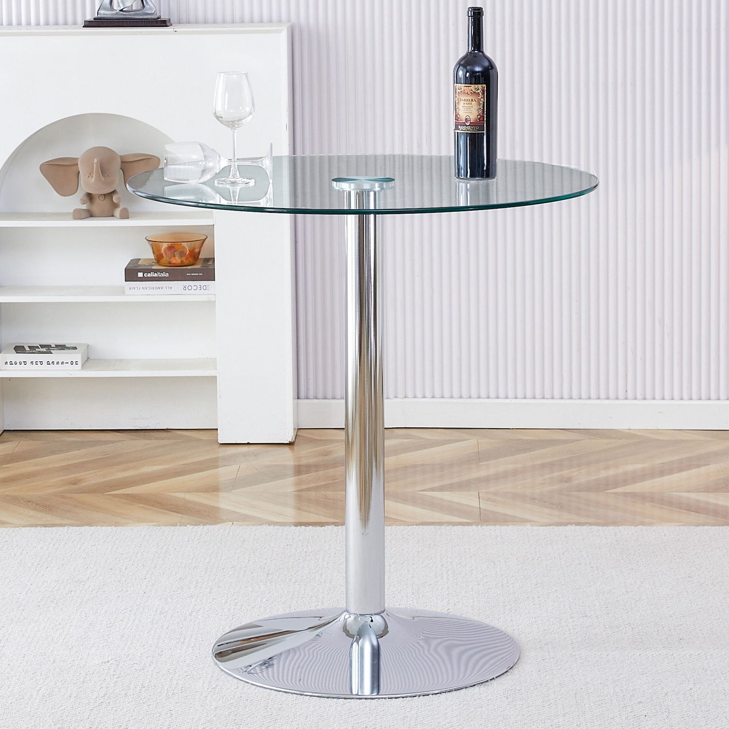 Modern Minimalist Circular Glass Dining Table With Electroplated Metal Legs 35&quot; Diameter - Transparent