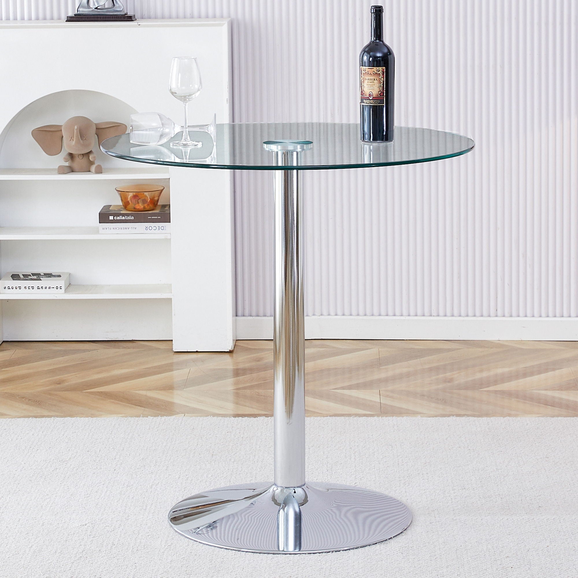 Modern Minimalist Circular Glass Dining Table With Electroplated Metal Legs 35&quot; Diameter - Transparent