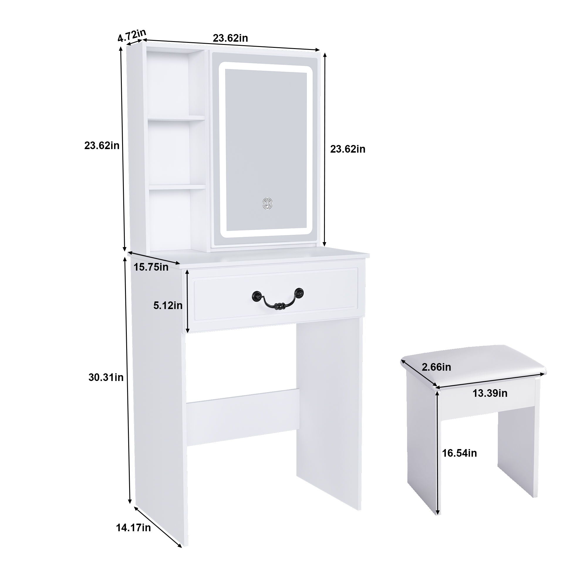 Modern Mini Dressing Table With Led-Lit Mirror &amp; Hidden Storage, Adjustable Brightness Vanity Desk - White