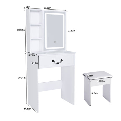 Modern Mini Dressing Table With Led-Lit Mirror &amp; Hidden Storage, Adjustable Brightness Vanity Desk - White