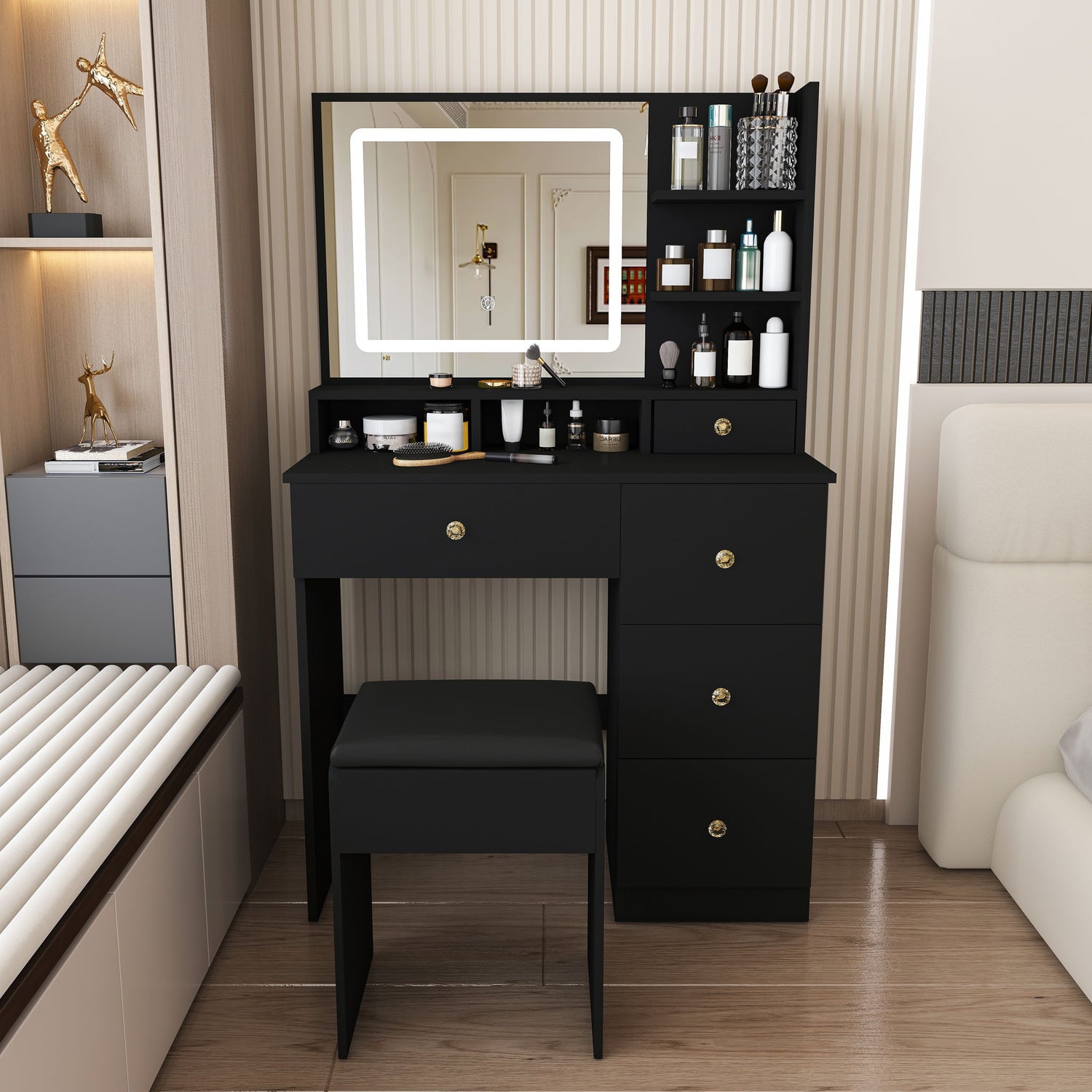 Vanity Desk With Mirror, 3 Color Lighting And Stool