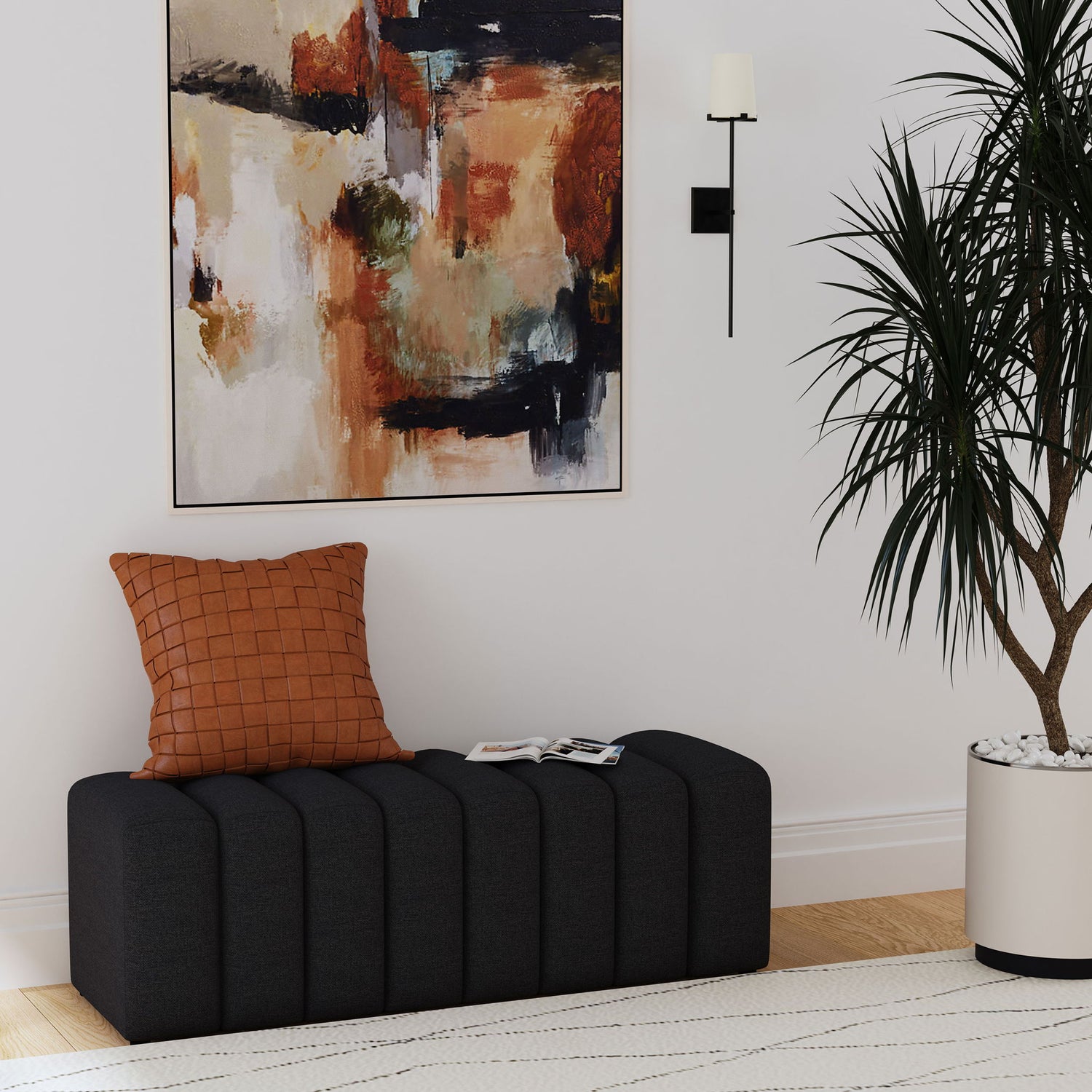 Modern Upholstered Tufted Accent Bench &amp; Round Legs