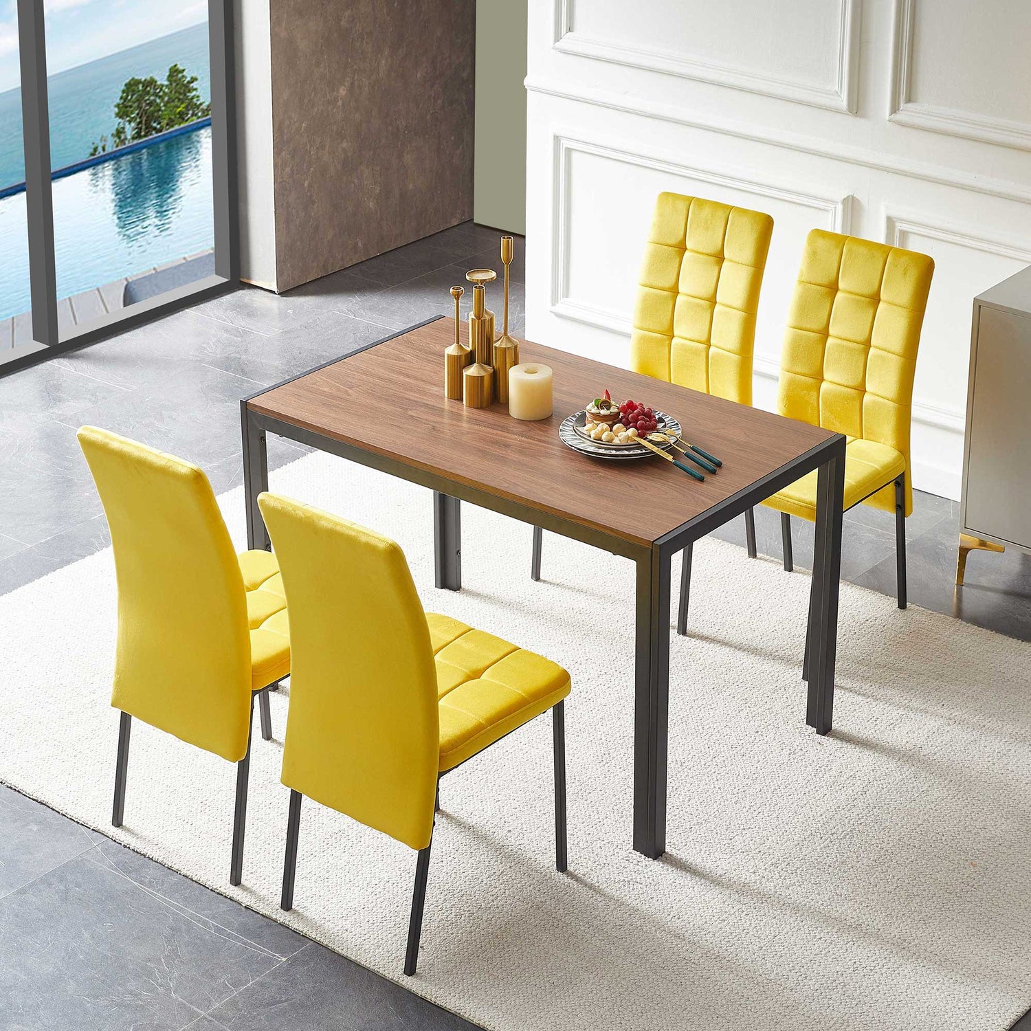 5 Piece Dining Set Including Velvet High Back Nordic Dining Chair &amp; Creative Design Dining Table