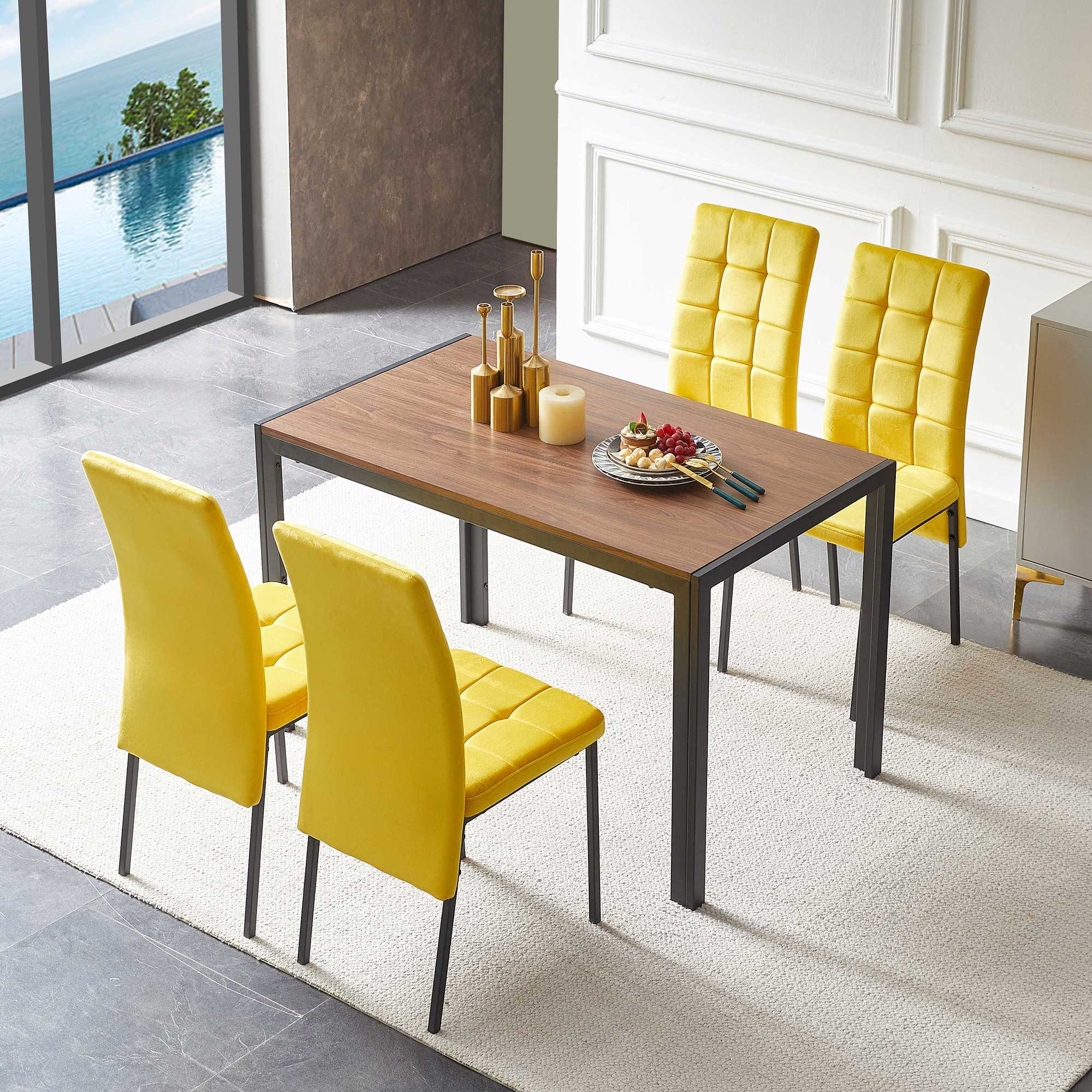 5 Piece Dining Set Including Velvet High Back Nordic Dining Chair &amp; Creative Design Dining Table