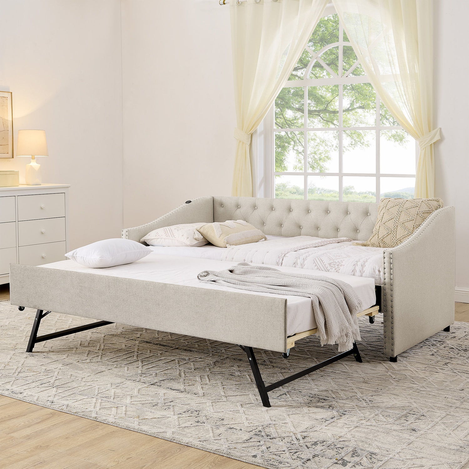 Upholstered Daybed With USB Charging &amp; Pull Out Bed