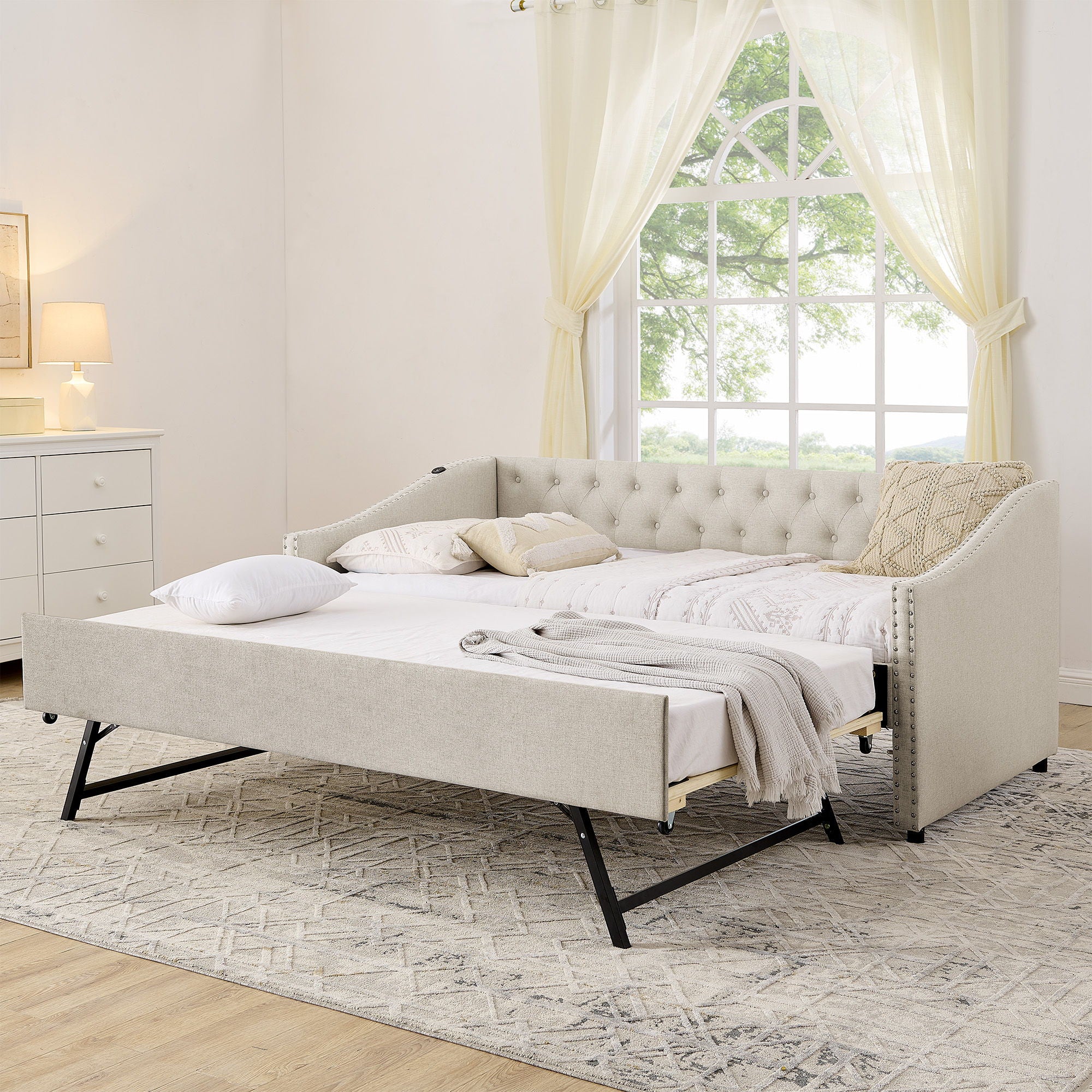 Upholstered Daybed With USB Charging &amp; Pull Out Bed