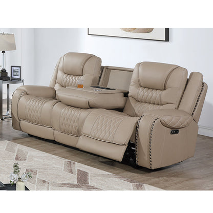 Power Reclining Sofa With USB Ports, Drop Down Table &amp; Adjustable Headrest - Toffee