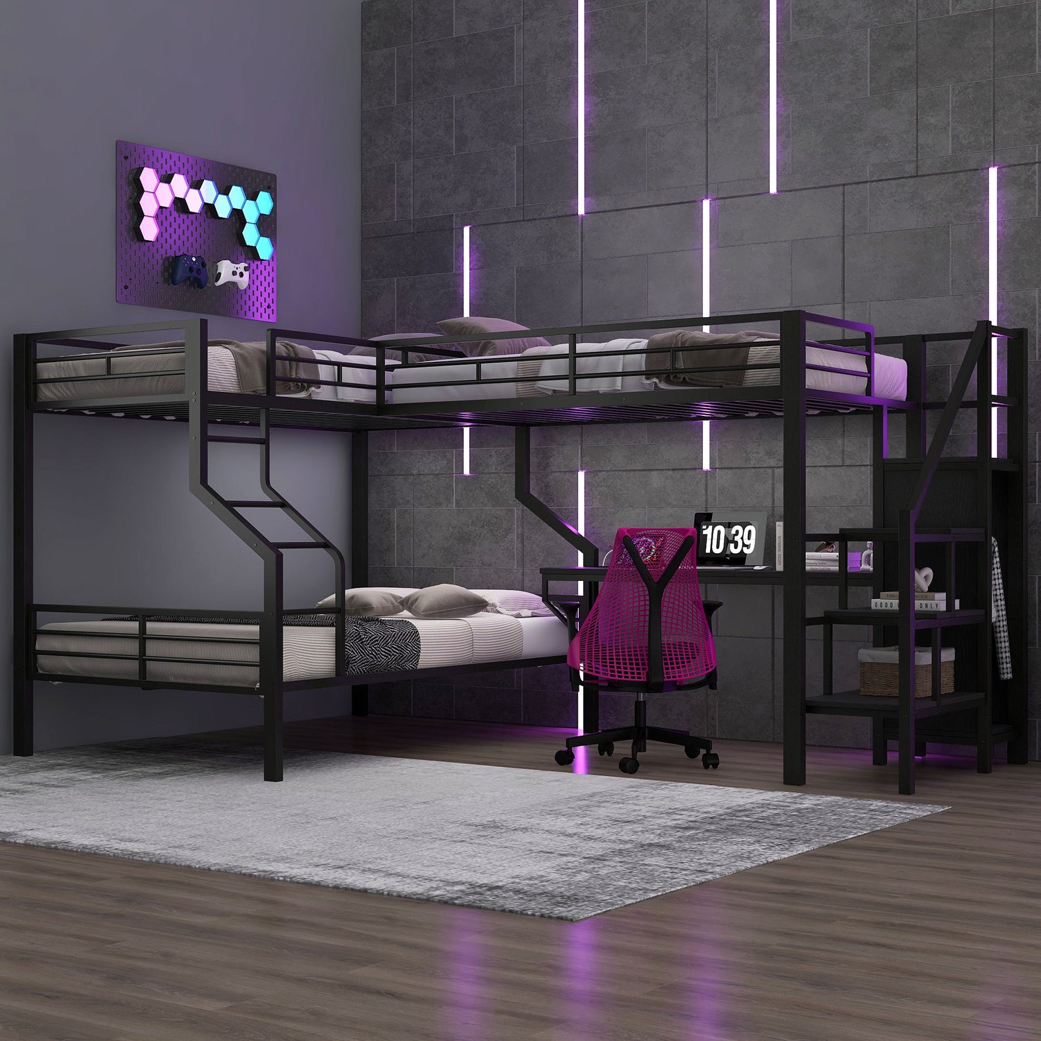 Twin Over Full L Shaped Bunk &amp; Loft Bed With Built-In Wardrobe, Desk, And USB Ports - Black