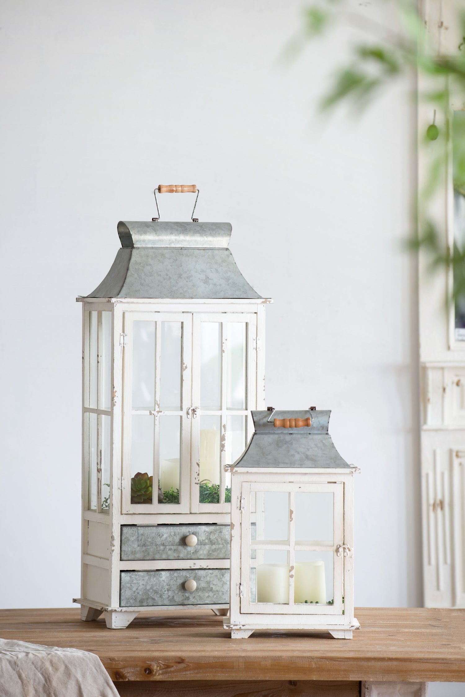 Wooden Candle Lantern Decorative, Hurricane Lantern Holder Decor For Indoor Outdoor, Home Garden Wedding - Ivory