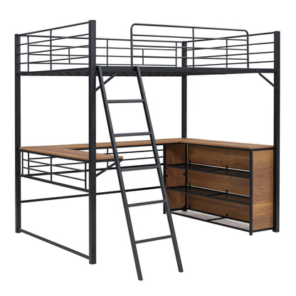 Loft Bed &amp; 3 Layers Of Shelves And L-Shaped Desk