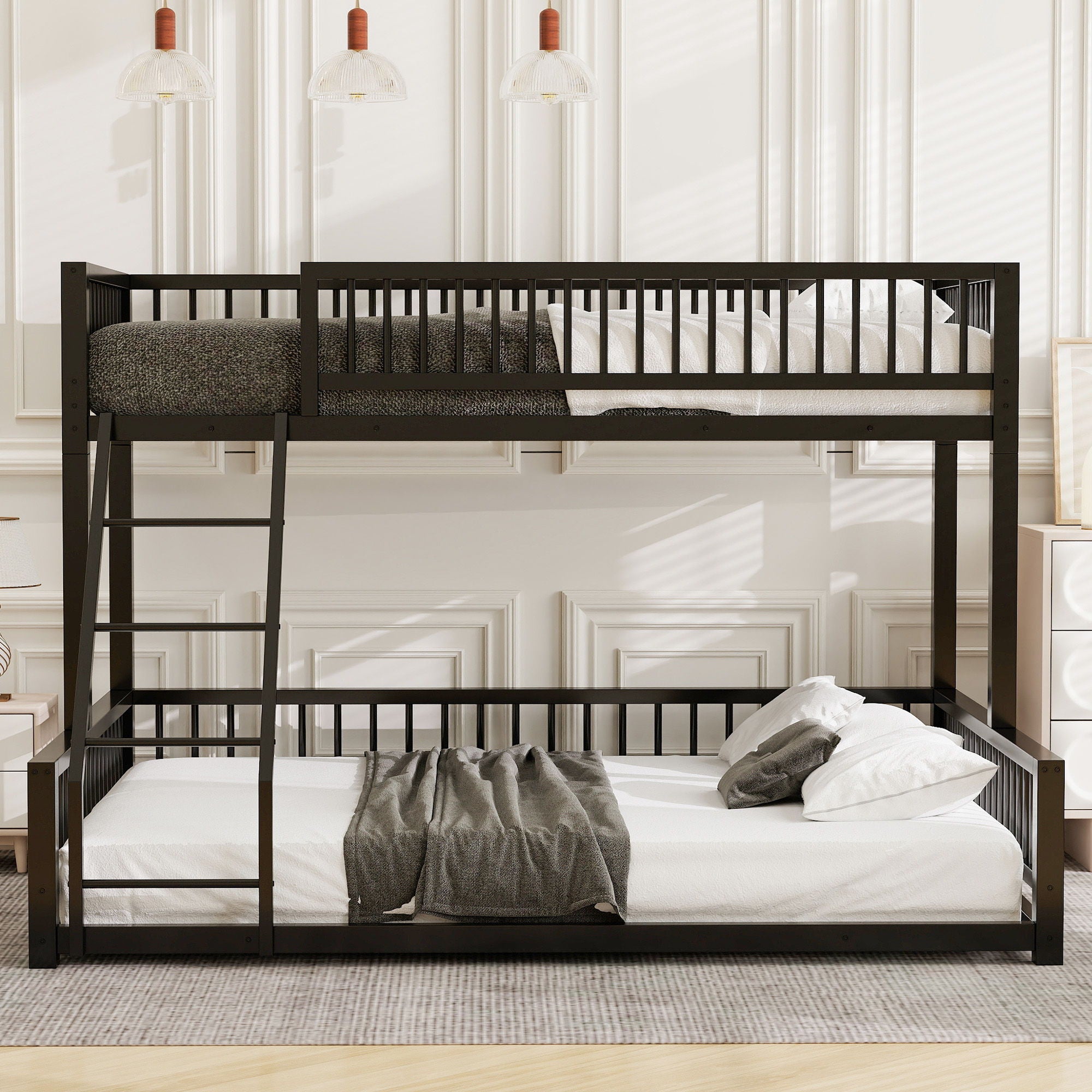 Bunk Bed Frame With Ladder And Safety Guardrails