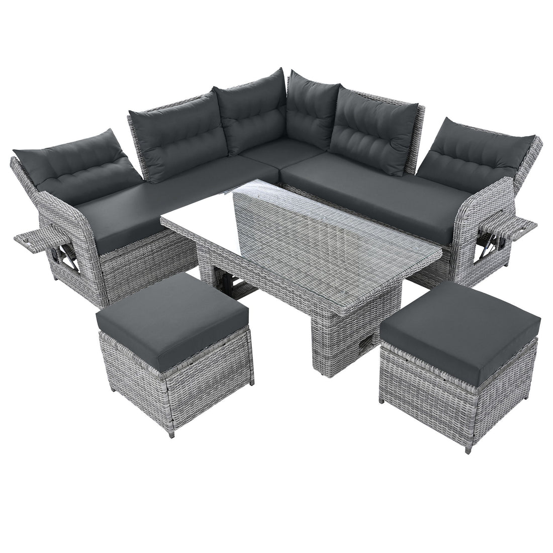 Outdoor Furniture Set Patio Rattan Furniture Set With Adjustable Table, Recliners With Extendable Side Tables And 2 Ottomans