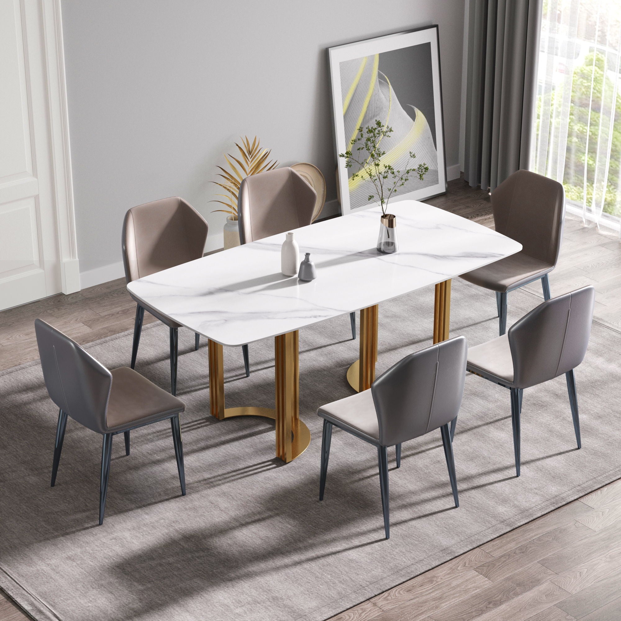 70.87&quot; Modern Artificial Stone White Curved Golden Metal Leg Dining Table, Can Accommodate 6-8 People - White / Gold