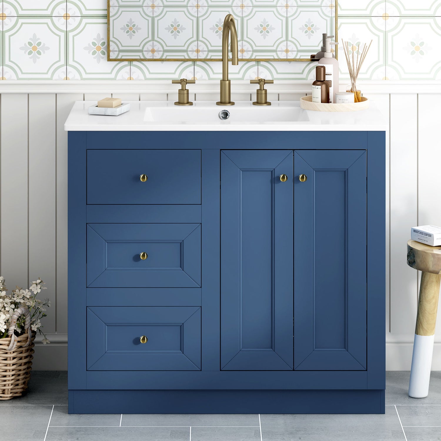 Bathroom Vanity With Ceramic Sink, Bathroom Storage Cabinet With 2 Drawers &amp; Shelf, Freestanding Bathroom Cabinet - Blue