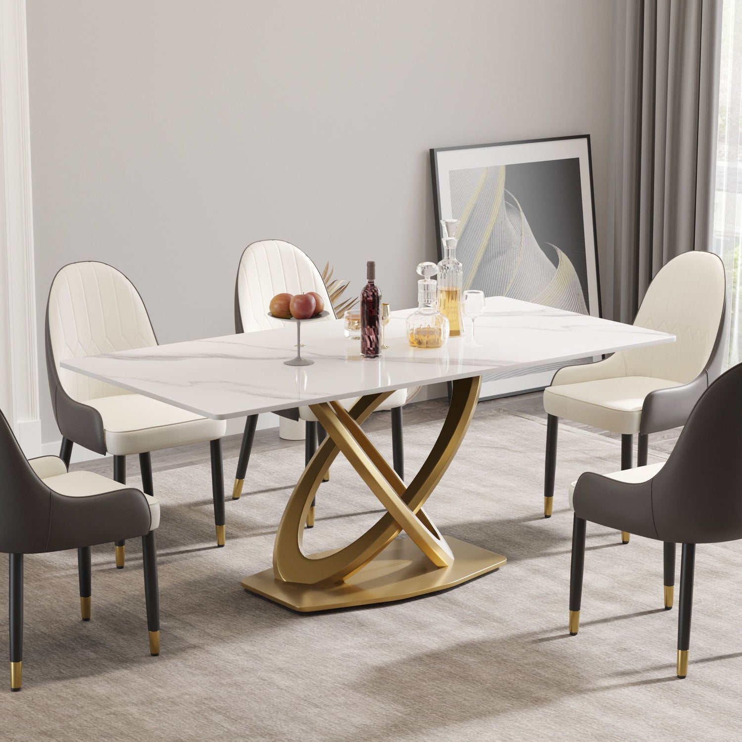70.84&quot; Modern Artificial Stone Panel Double-Ring Stainless Steel Metal Legs, Can Accommodate 6-8 People