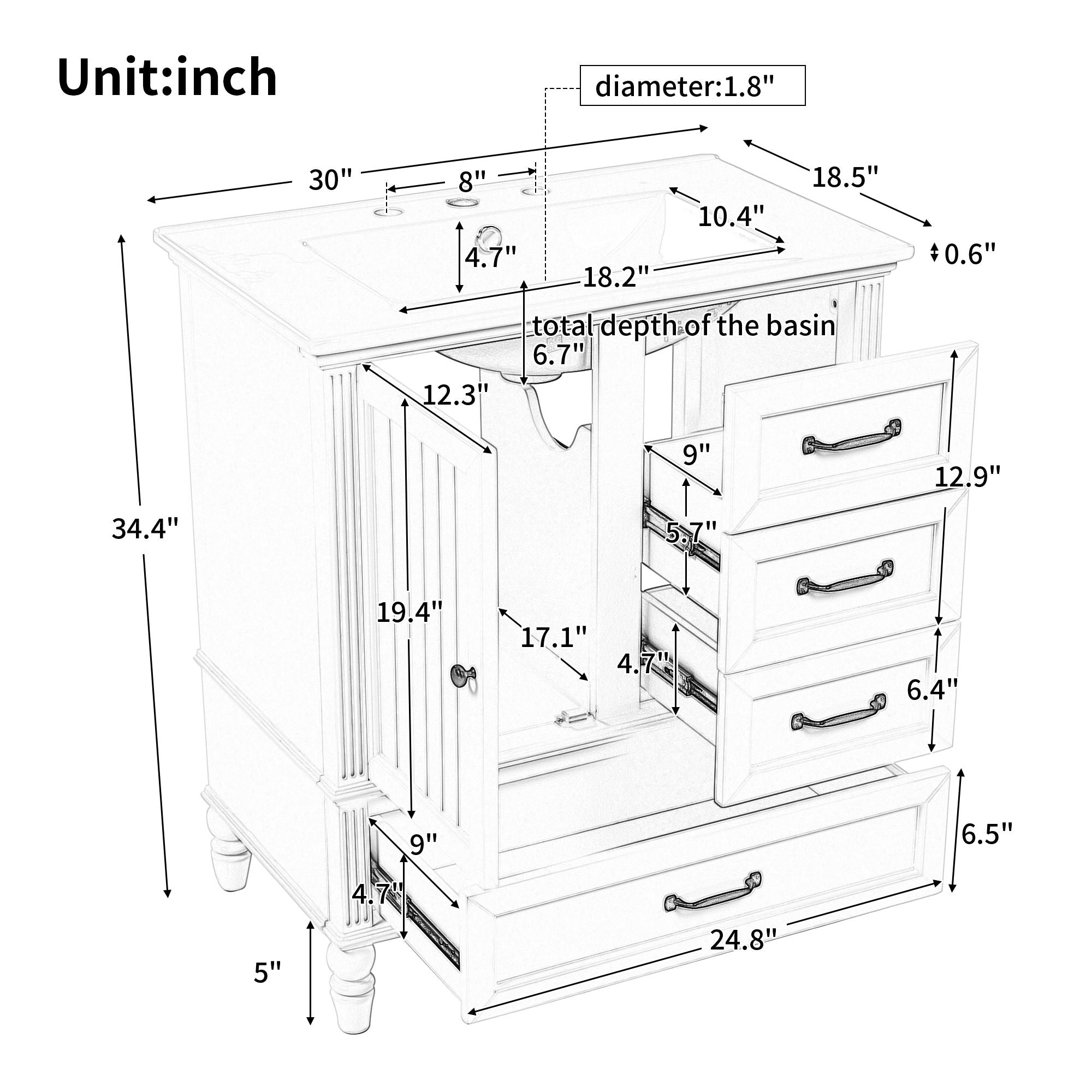 30&quot; Bathroom Vanity With Sink, Bathroom Cabinet With A Door, 3 Drawers Legs, Adiustable Foot Pads - Gray