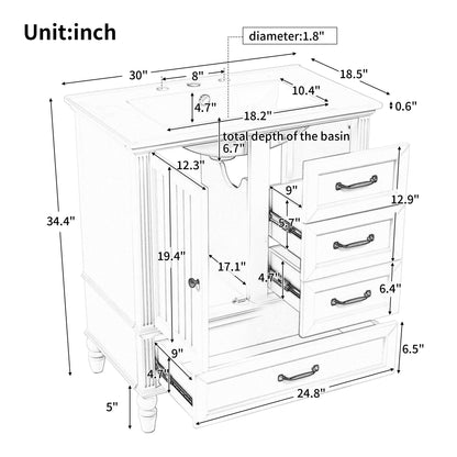 30&quot; Bathroom Vanity With Sink, Bathroom Cabinet With A Door, 3 Drawers Legs, Adiustable Foot Pads - Gray