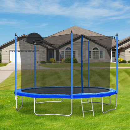 12Ft Trampoline For Adults &amp; Kids With Basketball Hoop, Outdoor Trampolines With Ladder And Safety Enclosure Net For Kids And Adults - Blue