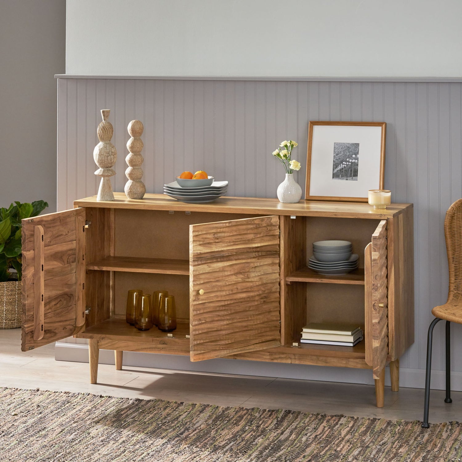 Boho Handcrafted 3 Door Sideboard, Carved Texture &amp; Artisanal Charm - Natural