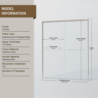 Double Sliding Shower Door, Semi-Frameless Bypass Bathroom Sliding Door With 1/4&quot; (6 Mm) Tempered Glass For Walk-In Shower