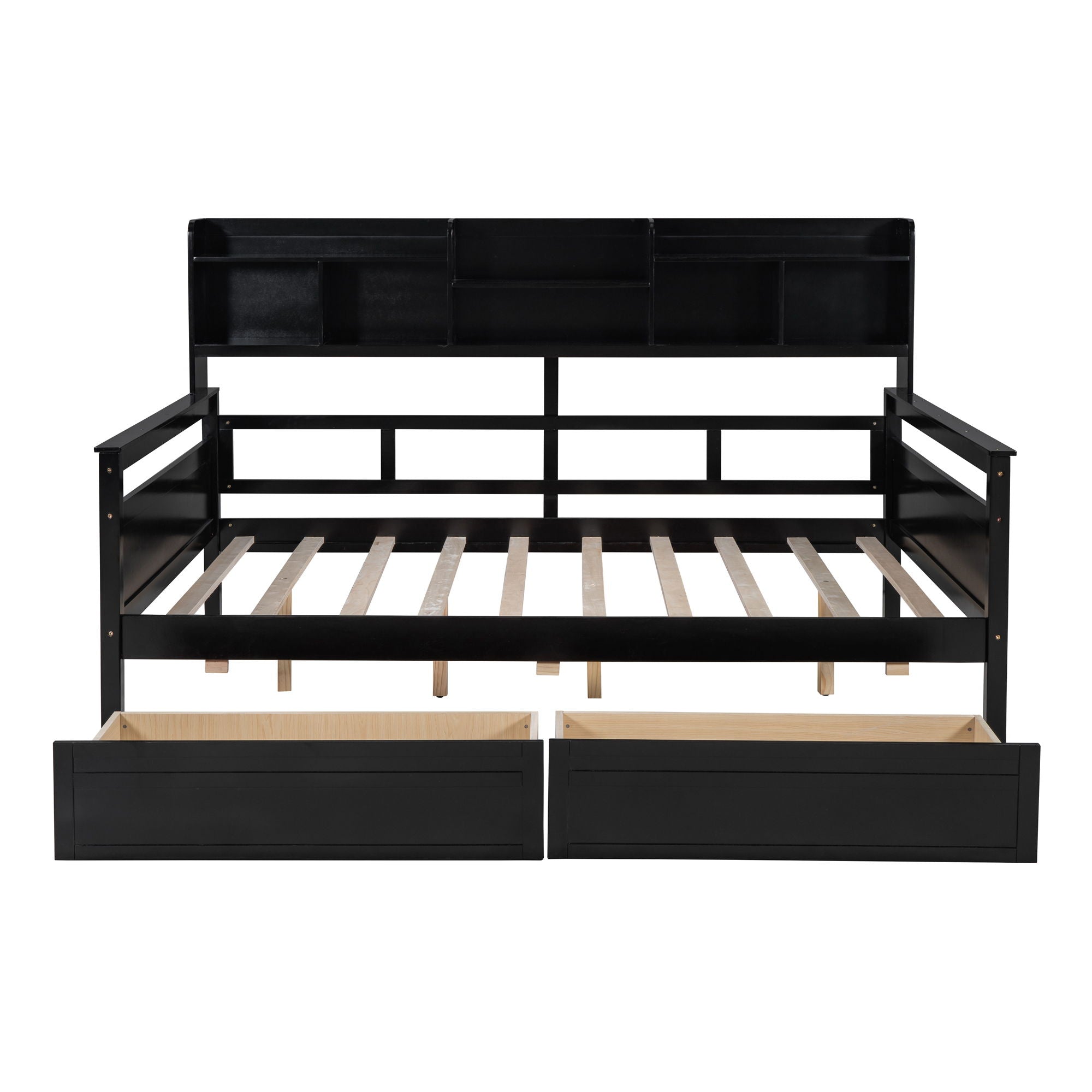 Daybed, Wood Slat Support, With Bedside Shelves And Two Drawers