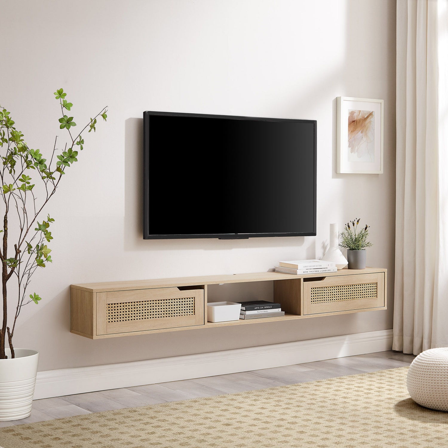 Modern Rattan Door Floating TV Stand For TVs Up To 80&quot;