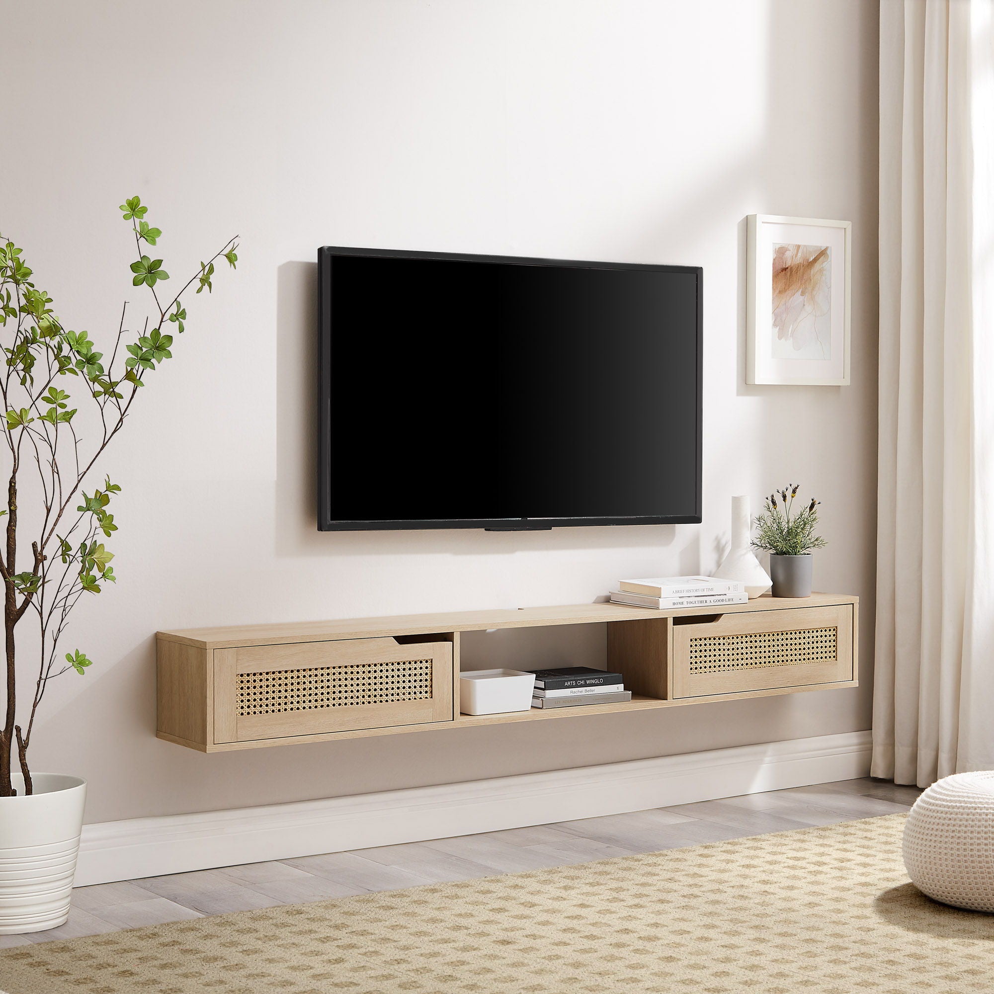 Modern Rattan Door Floating TV Stand For TVs Up To 80&quot;