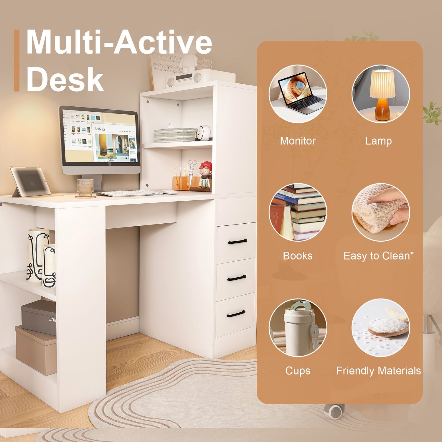 Modern Computer Desk With Built In Socket 3 Slide Drawers 4 Storage Levels - White