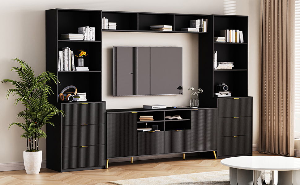 4 Piece Entertainment Wall Unit With 13 Shelves, 8 Drawers And 2 Cabinets, Multifunctional TV Stand Media Storage Cabinet With Fluted Line Surface For Living Room, For TVs Up To 70&quot;
