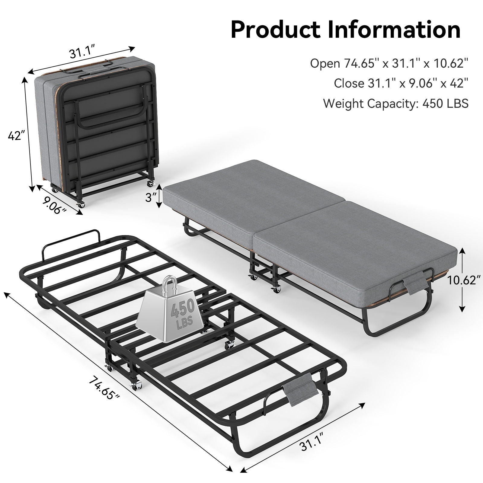 Portable Folding Bed With Memory Foam Mattress, Lockable - Gray