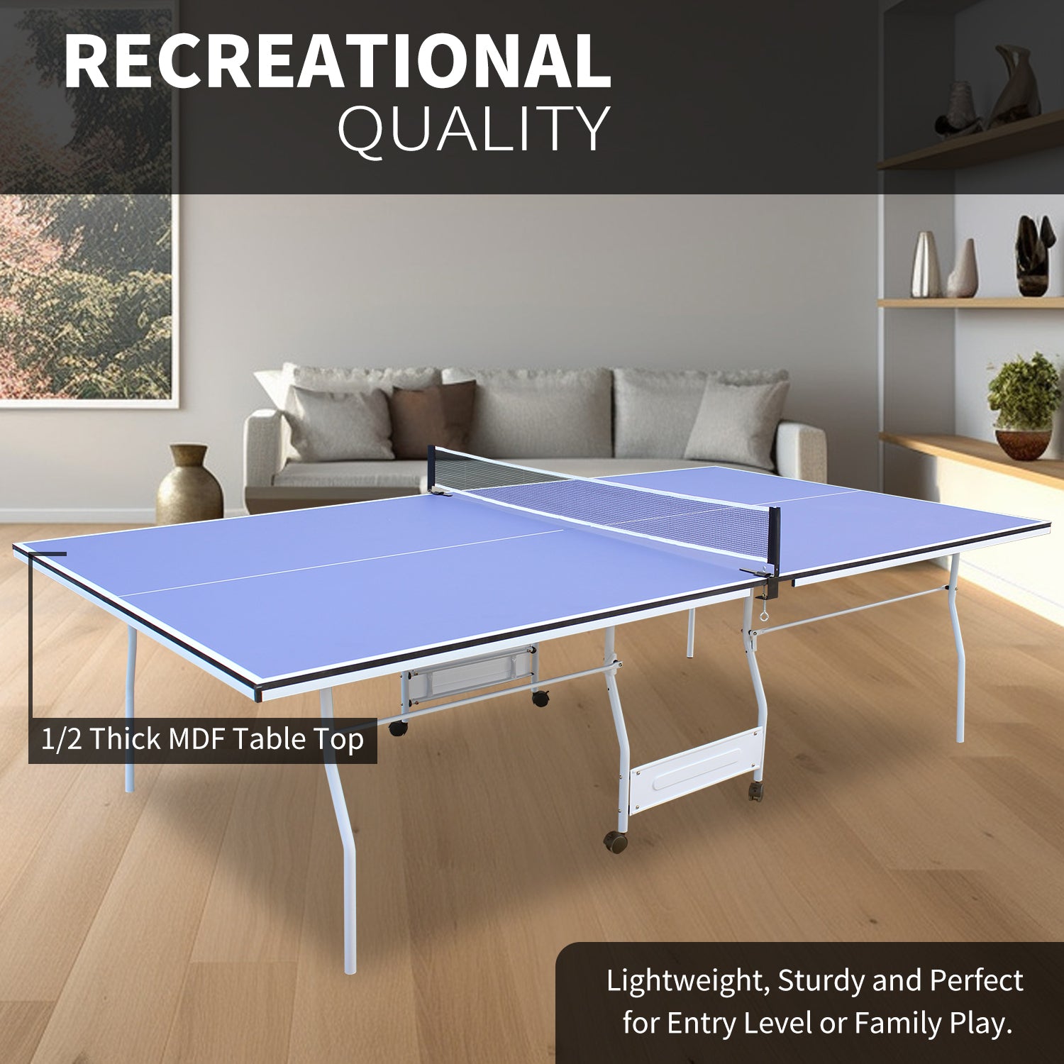 9ft Mid-Size Table Tennis Table Foldable &amp; Portable Ping Pong Table Set for Indoor Games with Net, 2 Table Tennis Paddles and 3 Balls