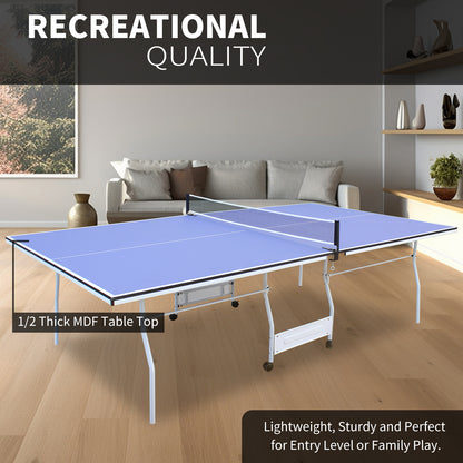 9ft Mid-Size Table Tennis Table Foldable &amp; Portable Ping Pong Table Set for Indoor Games with Net, 2 Table Tennis Paddles and 3 Balls