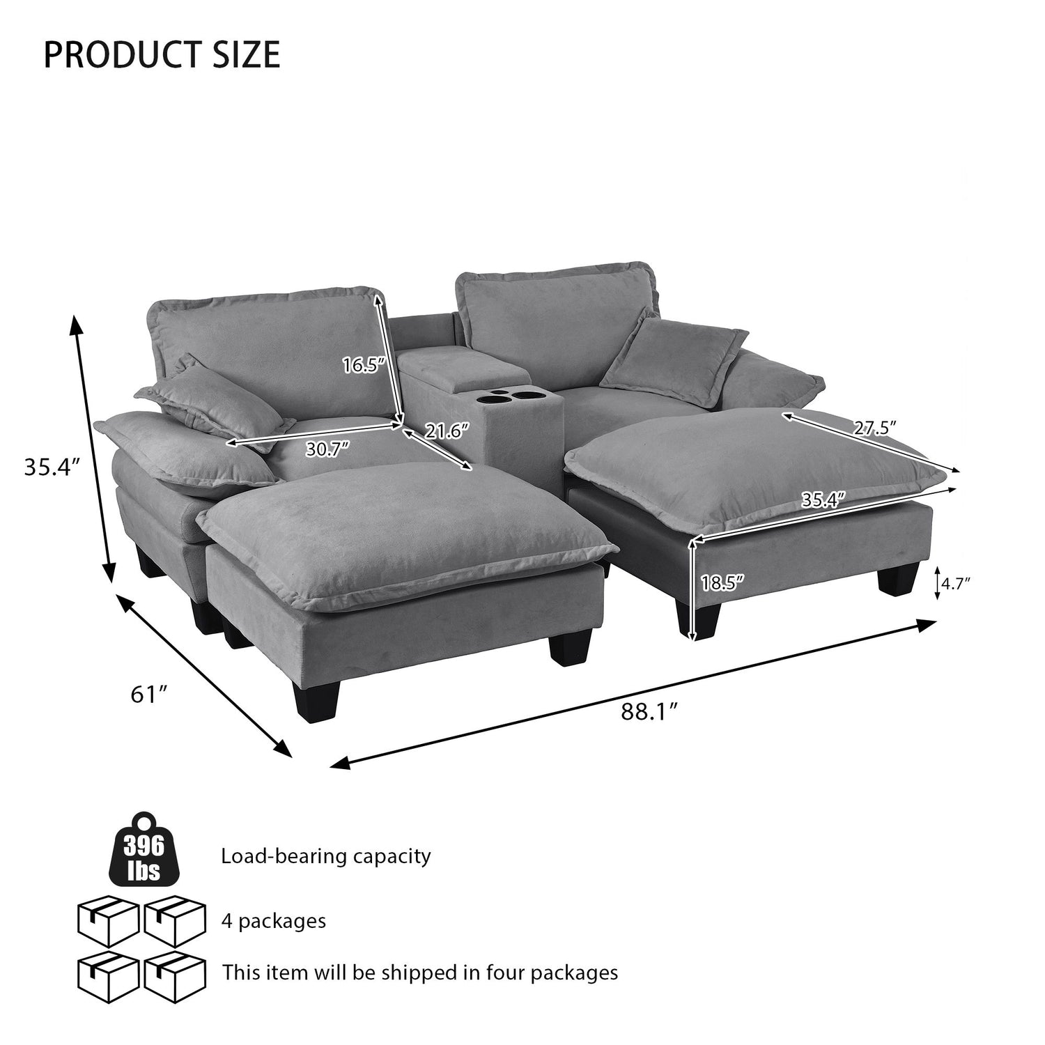 Modular Cloud Couch Sofa With Cup Holders &amp; Storage, USB Port