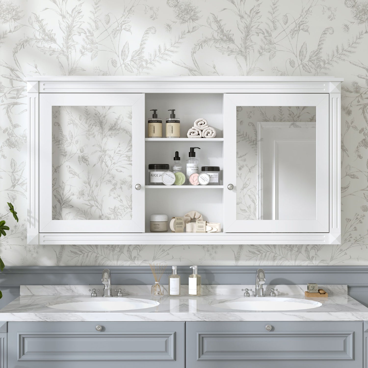 Modern Wall-Mount 2 In 1 Mirror Cabinet With Adjustable Shelves, Soft-Closing Hinges