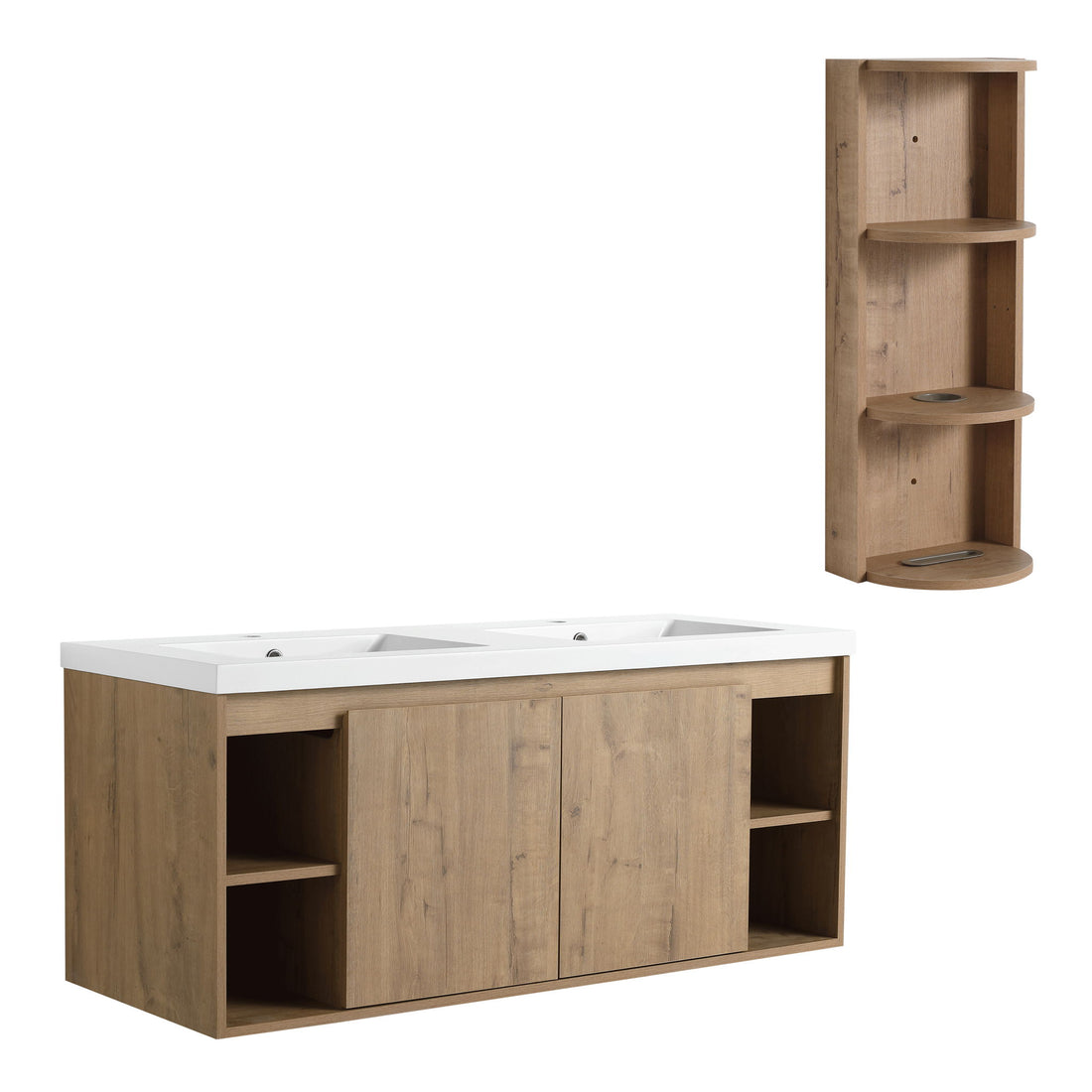 Modern 48&quot; Wall Mounted Bathroom Vanity With Double Resin Sink And Storage Rack Soft Close Doors - Imitative Oak