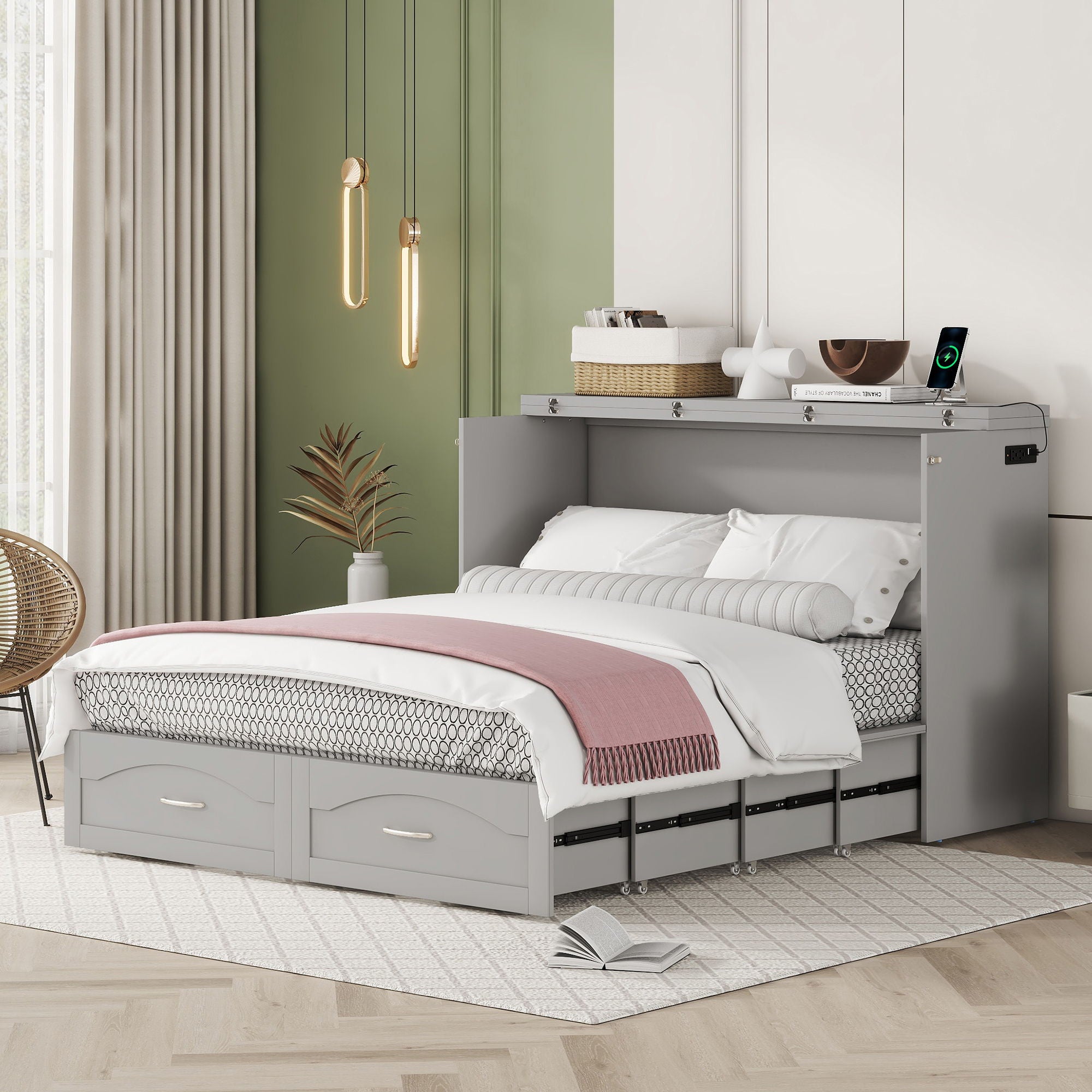 Murphy Wall Bed With Drawer And A Set Of Sockets &amp; USB Ports, Pulley Structure Design