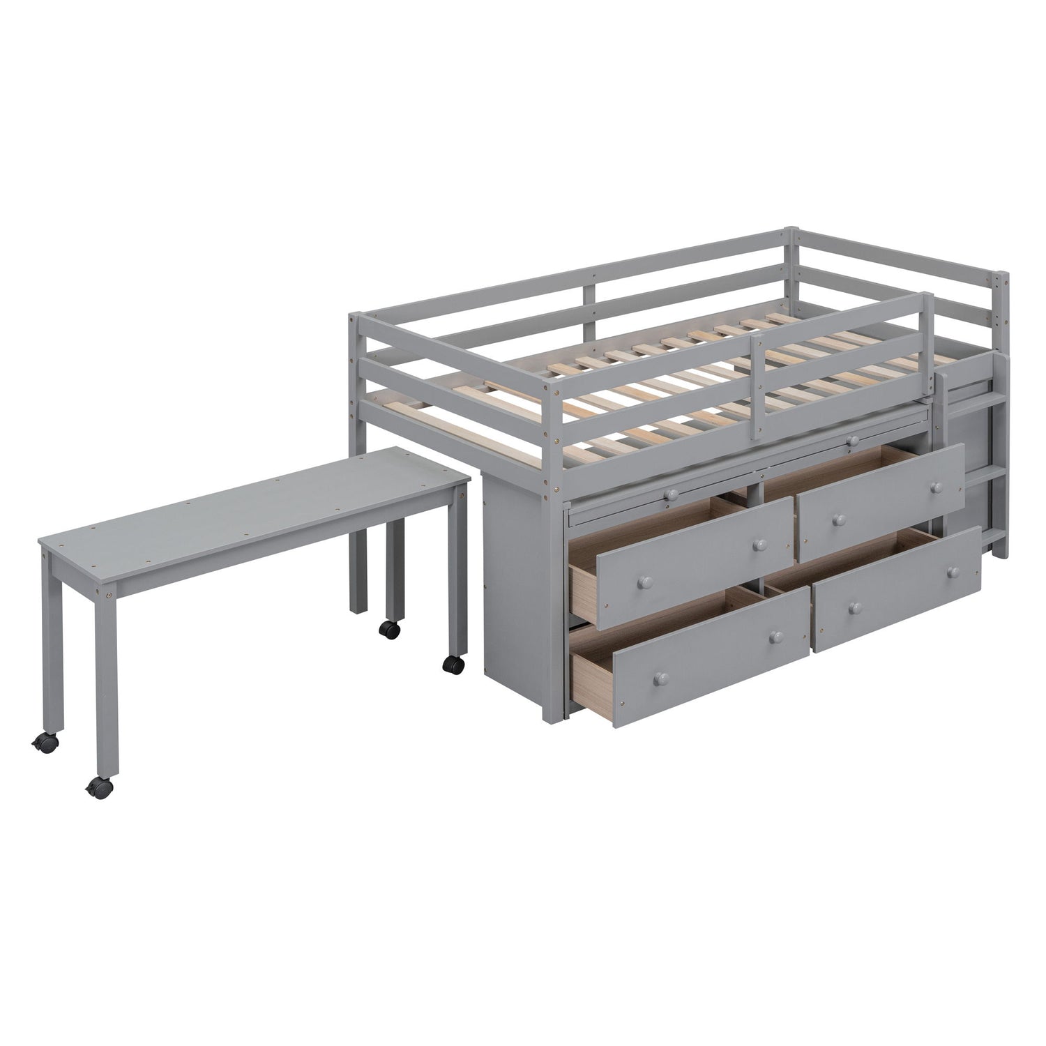 Loft Bed With Retractable Writing Desk And 4 Drawers, With Lateral Portable Desk And Shelves