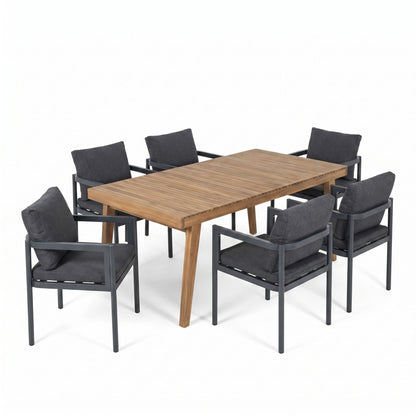 7 Piece Outdoor Patio Dining Set With Table &amp; Chairs With Cushions - Brown / Gray