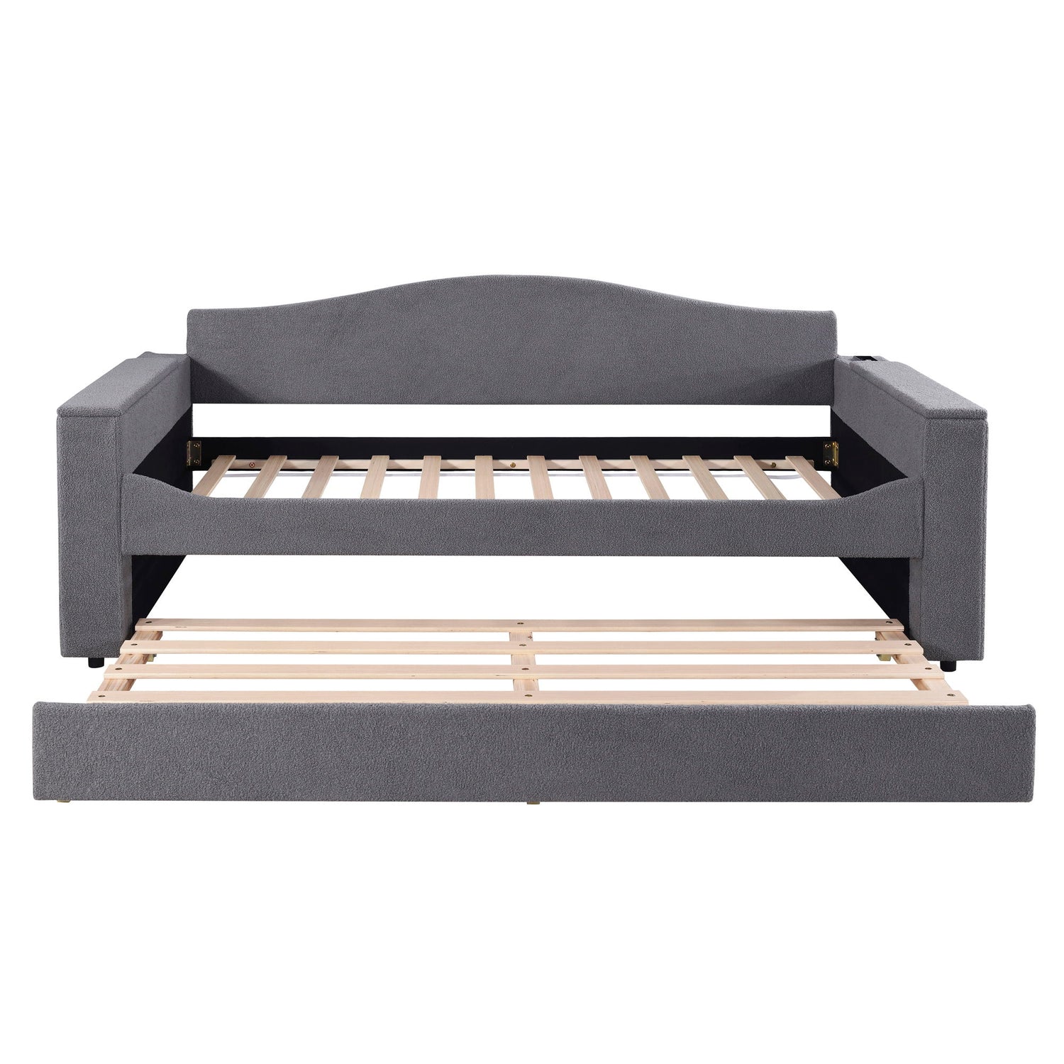 Twin Size Upholstered Daybed With Storage Armrests, Trundle And Latest Integrated Bluetooth Audio System - Gray